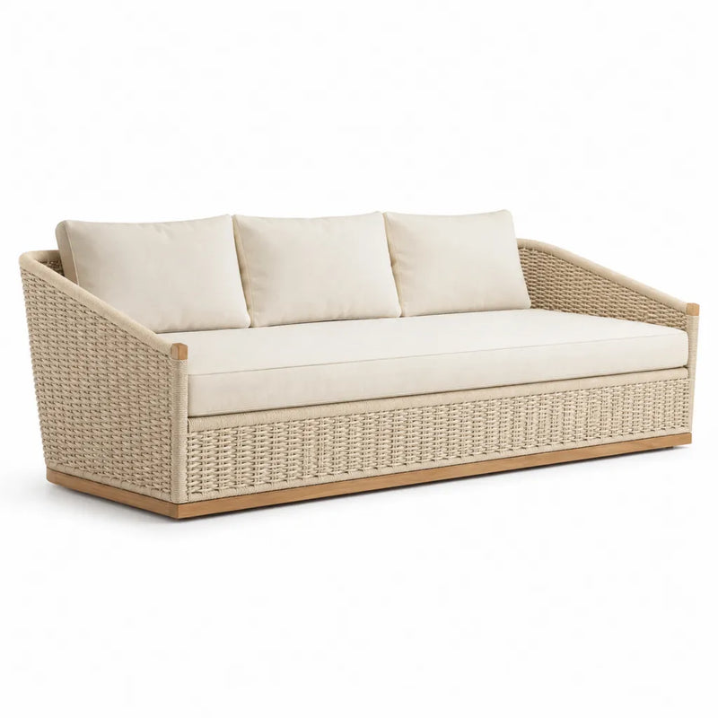 Divano da giardino 3 posti 220 x 85 x 75 cm in corda di polipropilene beige con cuscini rettangolare