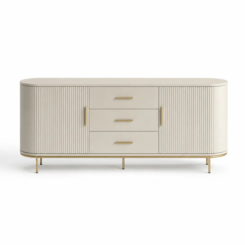 Mobile TV rettangolare arrotondato con 2 ante e 3 cassetti in MDF laccato avorio 160 x 40 x 80 cm