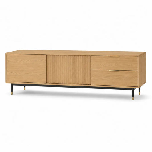 Mobile TV basso rettangolare 180 x 40 x 55 cm in MDF impiallacciato rovere naturale con 2 ante scorrevoli e 2 cassetti