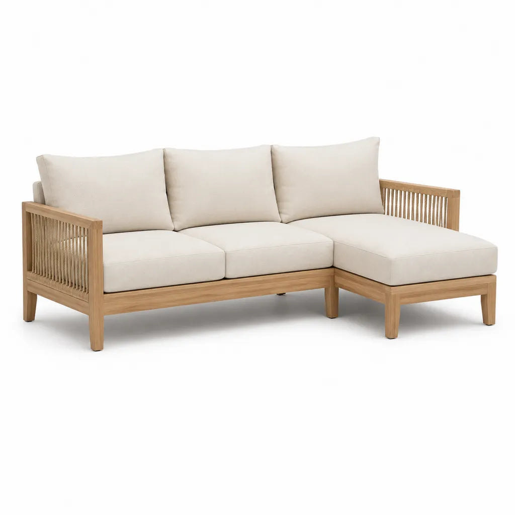 Divano da giardino angolare 3 posti con chaise longue in legno massello di acacia e corda beige 220 x 150 x 75 cm