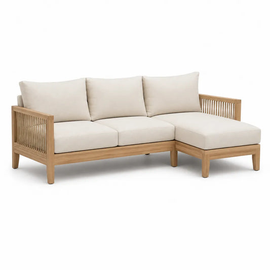 Divano da giardino angolare 3 posti con chaise longue in legno massello di acacia e corda beige 220 x 150 x 75 cm