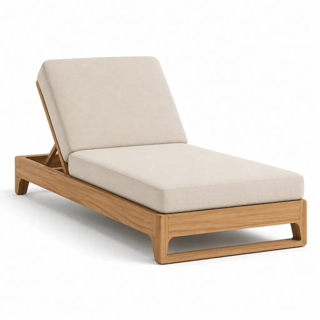 Lettino prendisole da giardino in teak massello con schienale regolabile e cuscino beige 200 x 70 x 30 cm