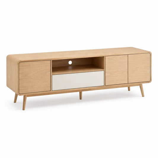 Mobile TV rettangolare in MDF impiallacciato rovere naturale e bianco 180 x 40 x 55 cm