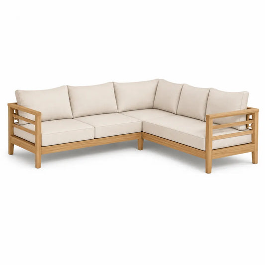 Divano da giardino angolare 4 posti in legno massello di acacia con cuscini beige 220 x 220 x 75 cm