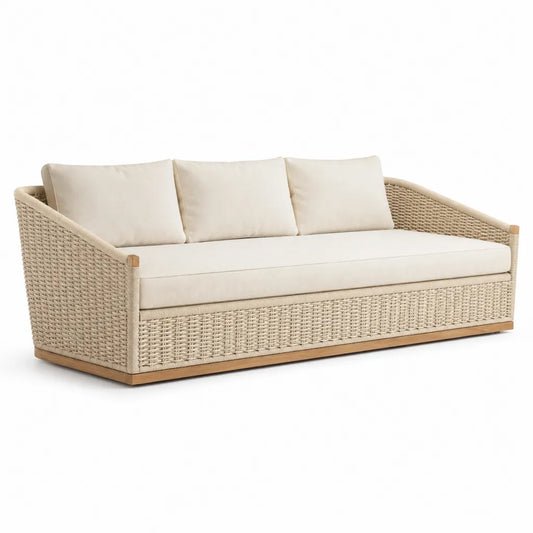 Divano da giardino 3 posti 220 x 85 x 75 cm in corda di polipropilene beige con cuscini rettangolare