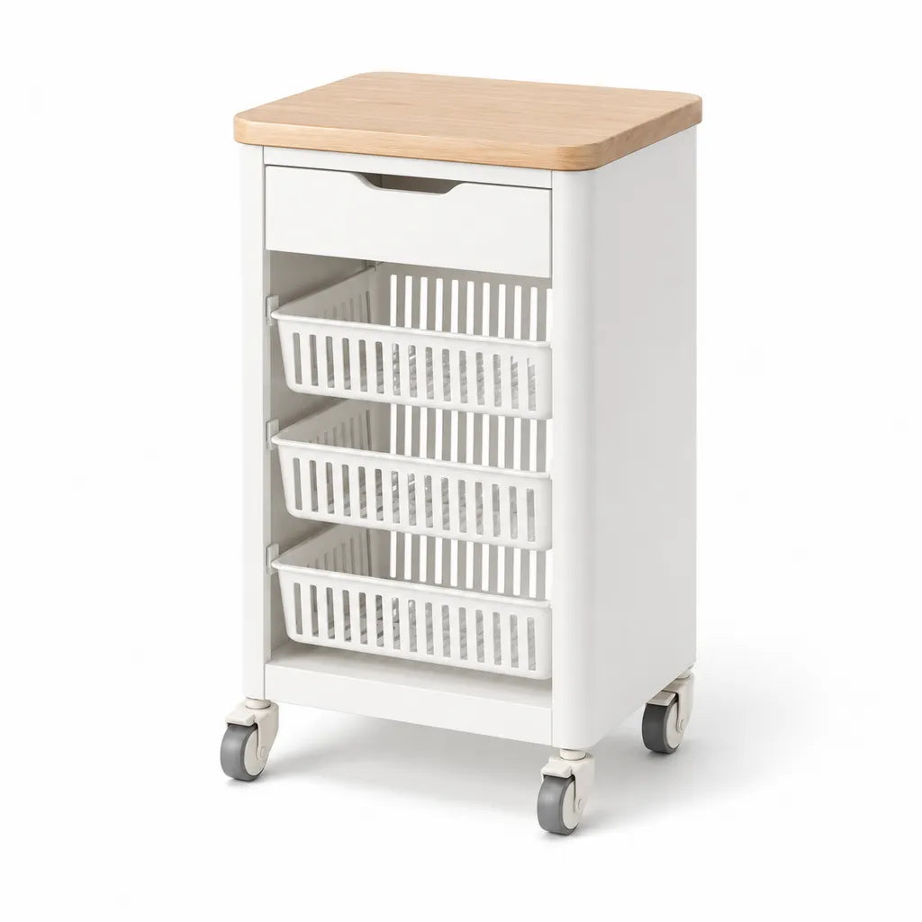 Carrello da cucina con piano in bambu 3 cestelli estraibili 1 cassetto bianco 46 x 37 x 86 cm