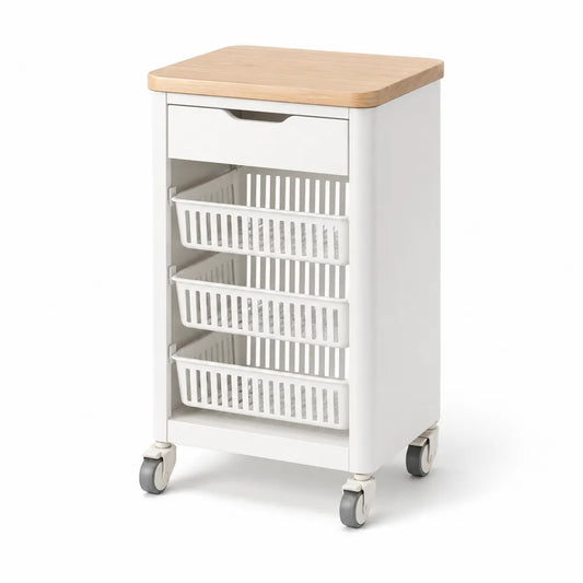 Carrello da cucina con piano in bambu 3 cestelli estraibili 1 cassetto bianco 46 x 37 x 86 cm