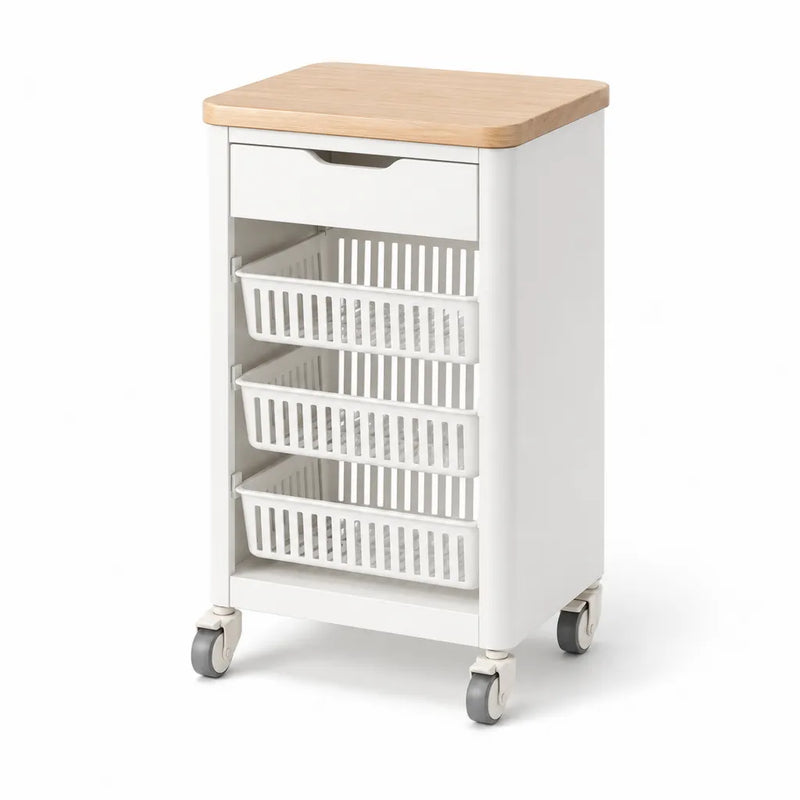 Carrello da cucina con piano in bambu 3 cestelli estraibili 1 cassetto bianco 46 x 37 x 86 cm
