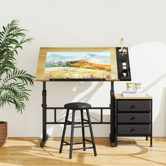 Tavolo Tavolo da Disegno Inclinabile da 0 a 60, Altezza Regolabile con Sgabello