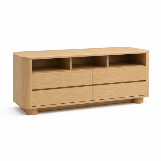 Mobile TV con 4 cassetti e 3 vani aperti in MDF impiallacciato rovere forma rettangolare arrotondata rovere naturale 160 x 40 x 60 cm