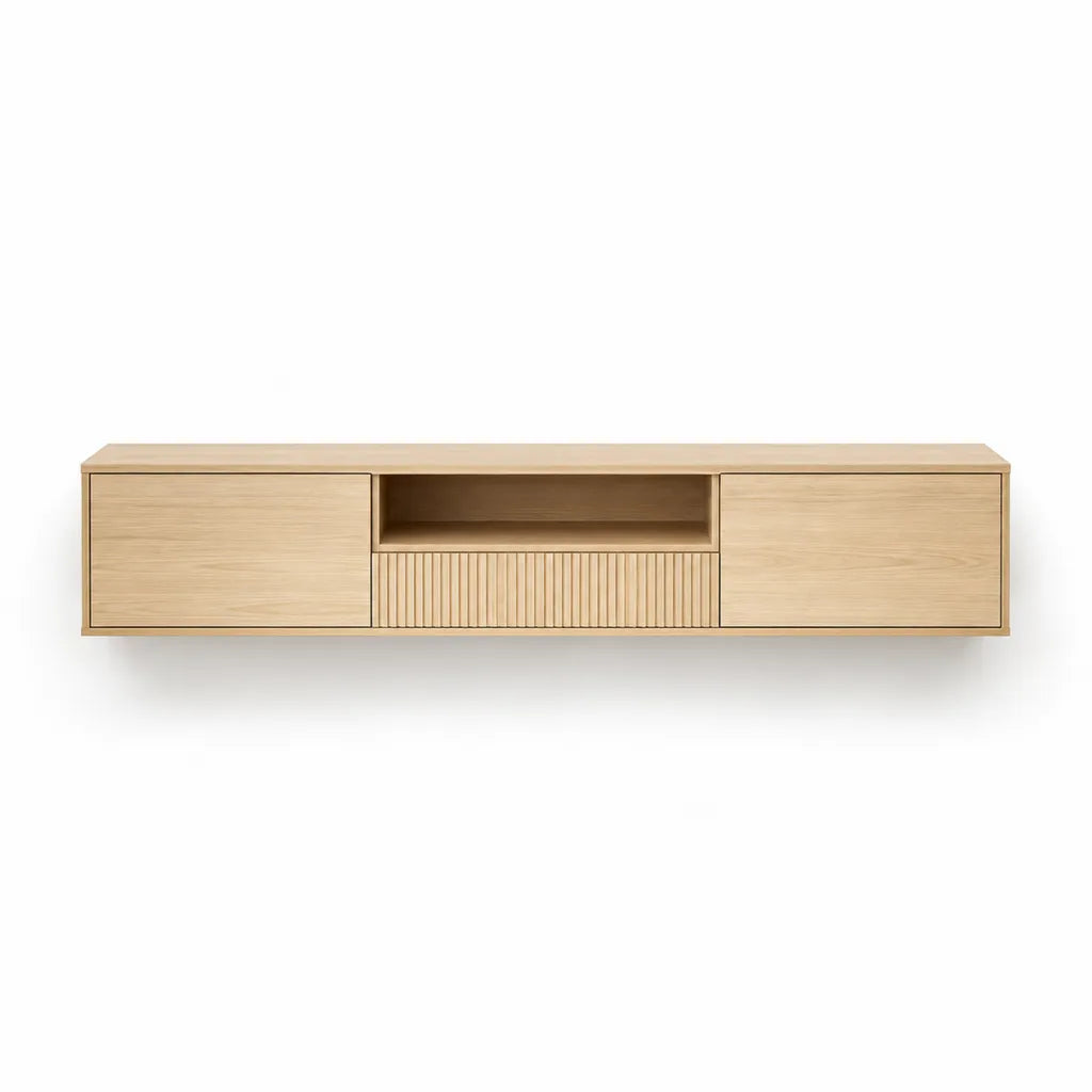Mobile TV sospeso in MDF impiallacciato rovere rettangolare naturale 180 x 40 x 45 cm