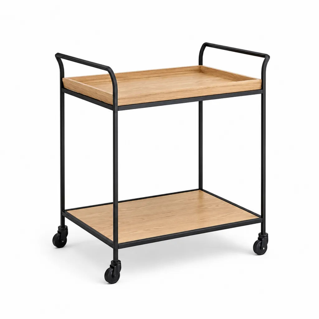 Carrello da cucina rettangolare con ruote 2 ripiani in MDF effetto rovere e acciaio nero 70 x 40 x 85 cm