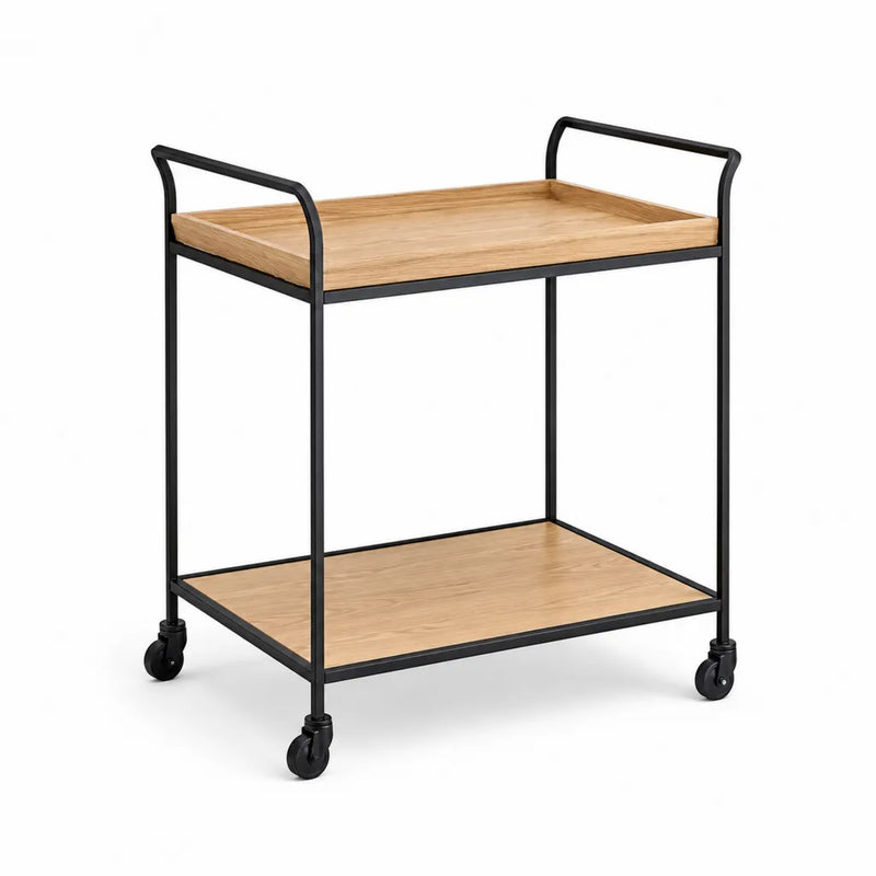 Carrello da cucina rettangolare con ruote 2 ripiani in MDF effetto rovere e acciaio nero 70 x 40 x 85 cm