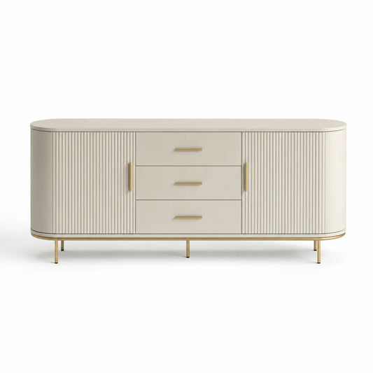 Mobile TV rettangolare arrotondato con 2 ante e 3 cassetti in MDF laccato avorio 160 x 40 x 80 cm