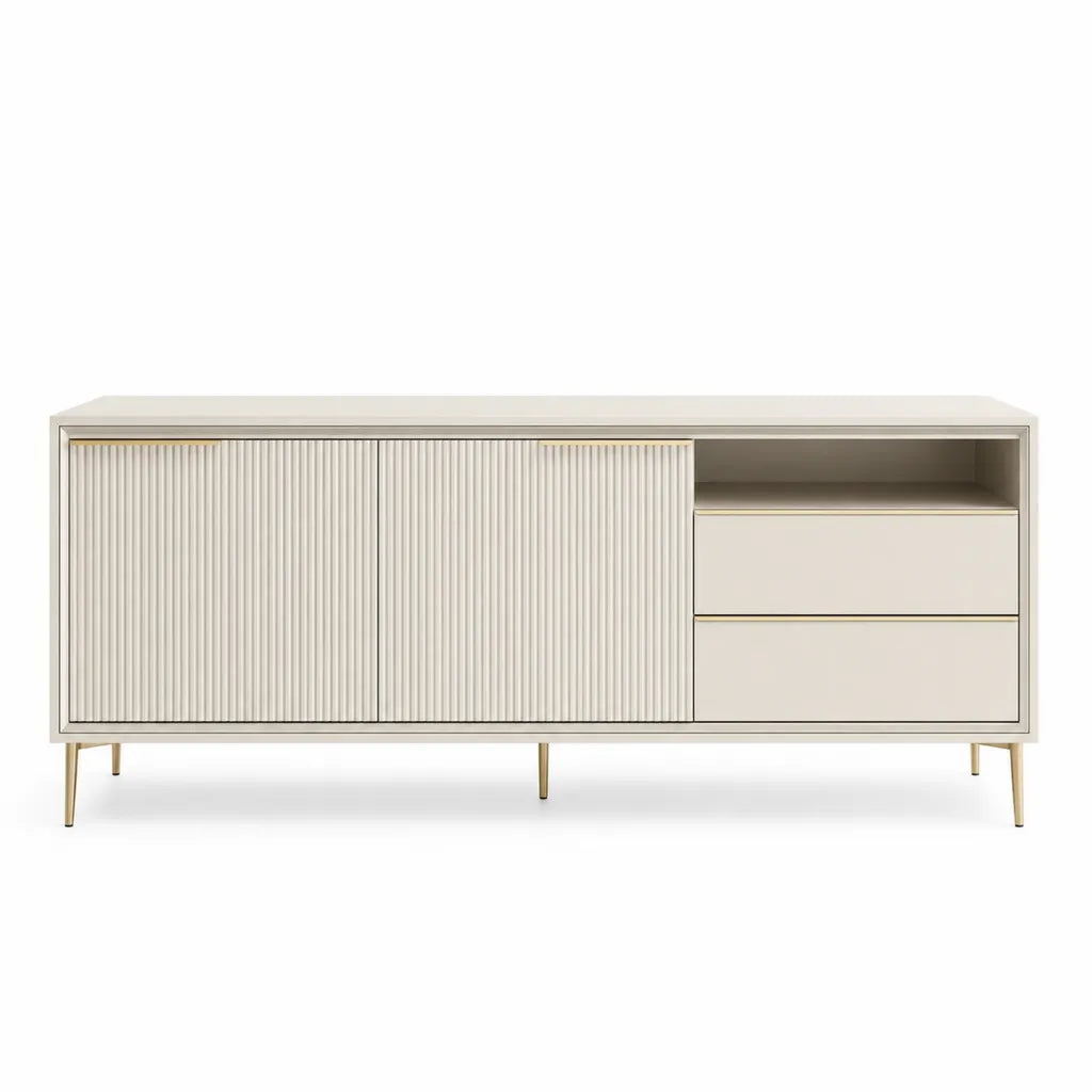 Mobile TV rettangolare 180 x 40 x 75 cm in MDF bianco con ante scanalate e dettagli dorati