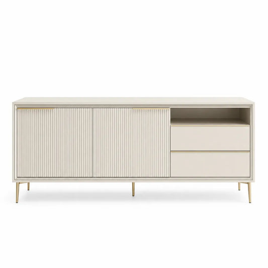 Mobile TV rettangolare 180 x 40 x 75 cm in MDF bianco con ante scanalate e dettagli dorati