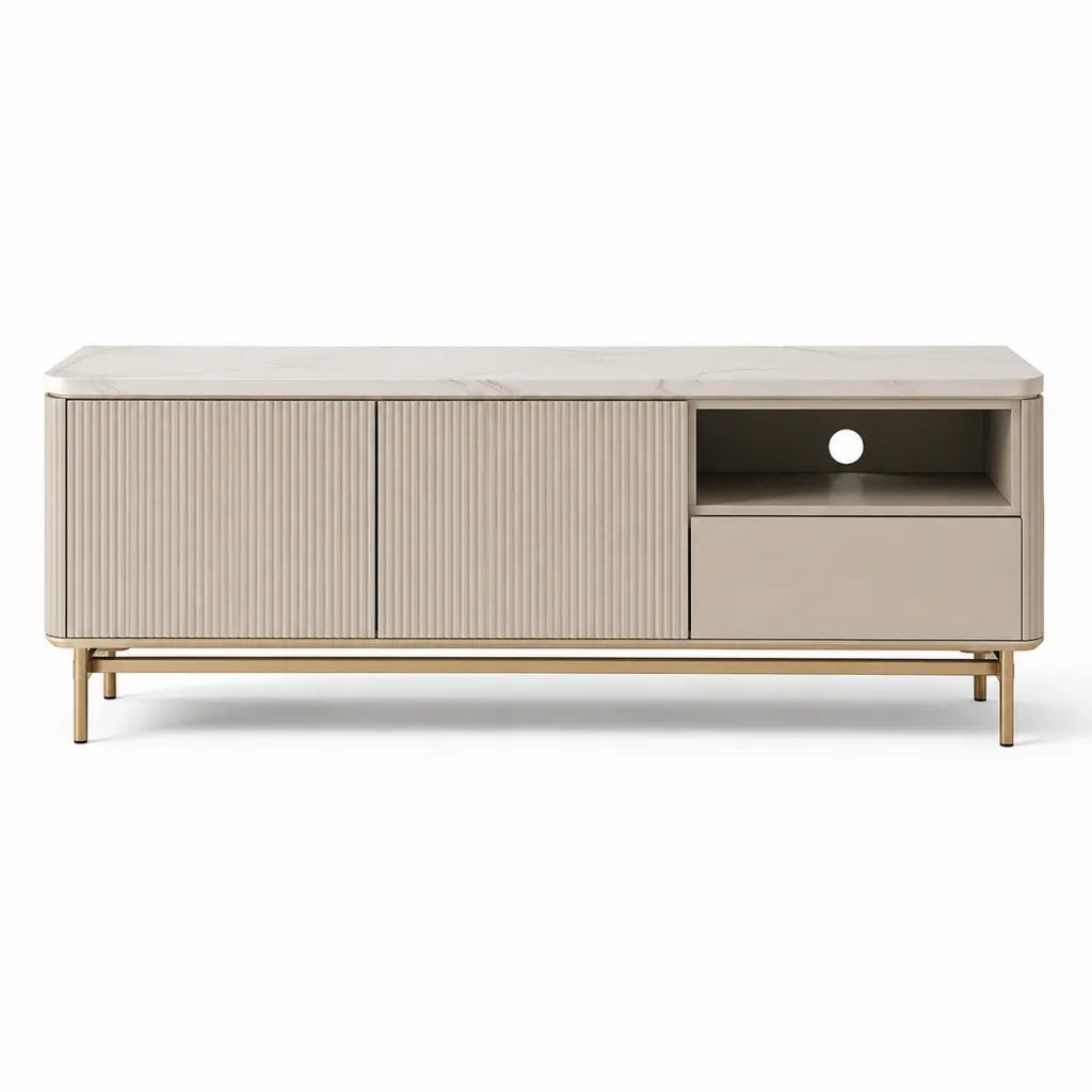 Mobile TV da soggiorno 180 x 40 x 55 cm in MDF beige con piano effetto marmo